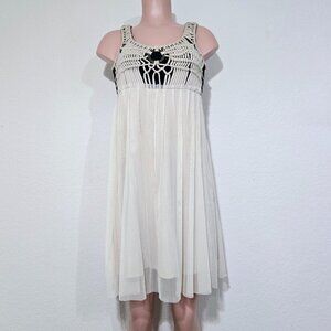 Basil & Maude Crochet Trim Dress Tulle Tan Black Empire Waist